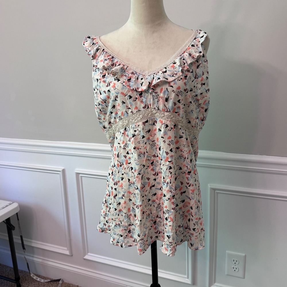 Abstract Print Y2K Ruffle Lace Trim Babydoll Empire Waist Top Pink 2 - Picture 5 of 14